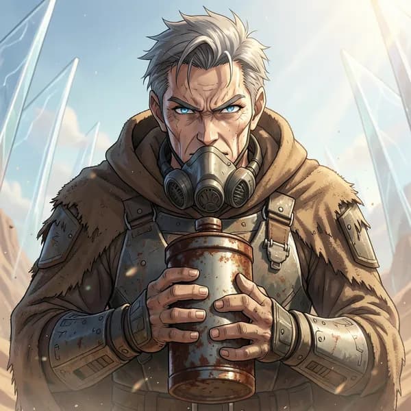 A weathered scavenger clutches a rusted canister to his chest while standing on a jagged glass desert.