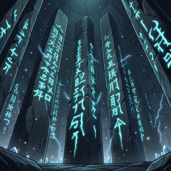 Towering obsidian pillars in a dark vault covered in glowing cyan alien script that pulses with rhythmic light.