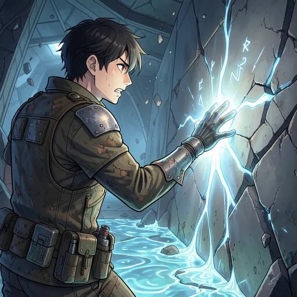 A scavenger with a worn suit touching a glowing alien wall as the floor beneath him begins to liquefy.