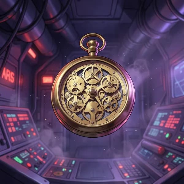 A brass pocket watch floats in zero gravity on a bridge console, reflecting violet light from a dying star.