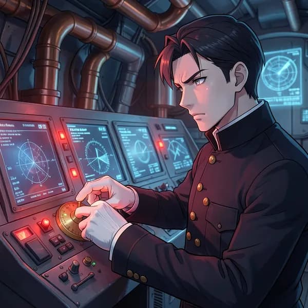 A man in a Victorian-style uniform adjusts a console with surgical precision while red warning lights pulse.