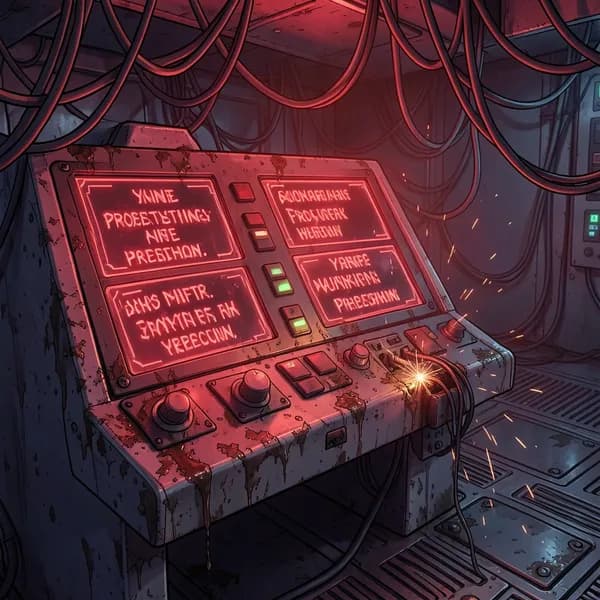 A close-up of a damaged, grease-stained engineering console with flickering red holographic proximity warnings.