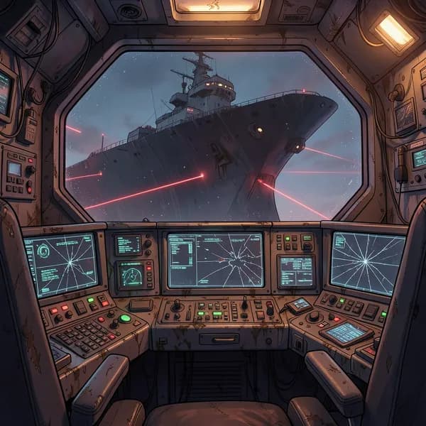 A cluttered, grease-stained freighter cockpit console with flickering holographic warning displays and a cracked viewscreen.