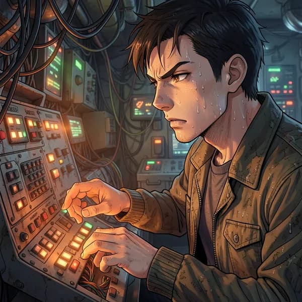 A weary freighter captain with messy hair and a grease-stained jacket, looking tense while operating a complex, scavenged console.