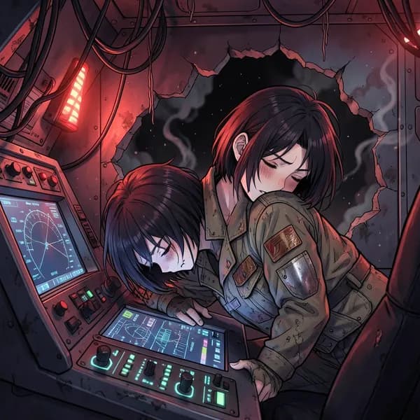 A female captain slumped over a navigation console in a dimly lit, damaged cockpit with red emergency lighting.
