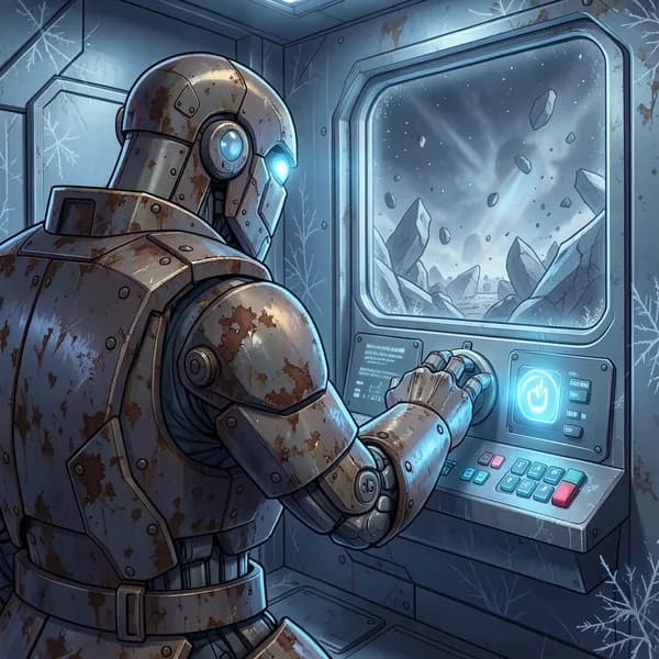 A heavy-duty maintenance droid facing a wall of blinking airlock controls, looking out at the void.
