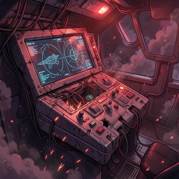 A damaged starship navigation console on a bridge with flickering red emergency lights and swirling smoke.