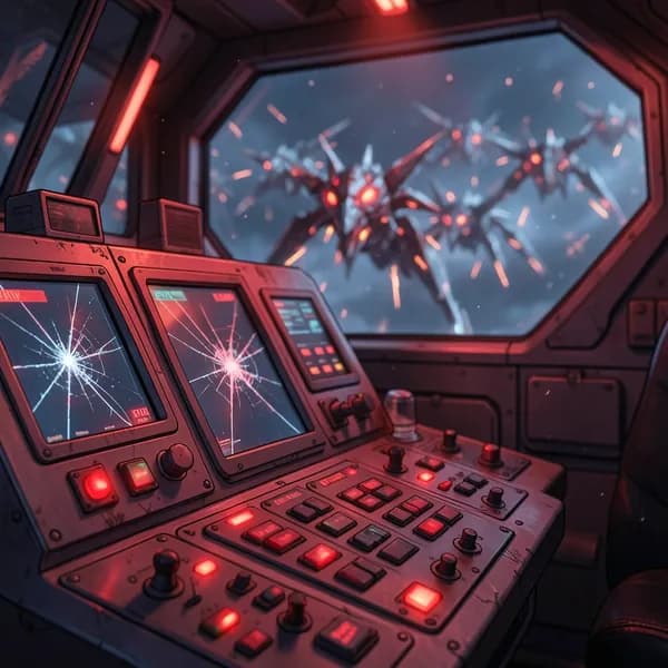 A close-up of a worn, metallic command console on a starship bridge with flickering red emergency lights reflecting off the buttons.
