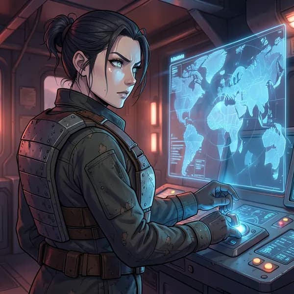 A battle-hardened female commander looking at a tactical display with a resolute expression.