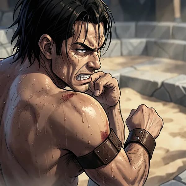 A pained athlete clutching his injured shoulder, looking down with grim determination.