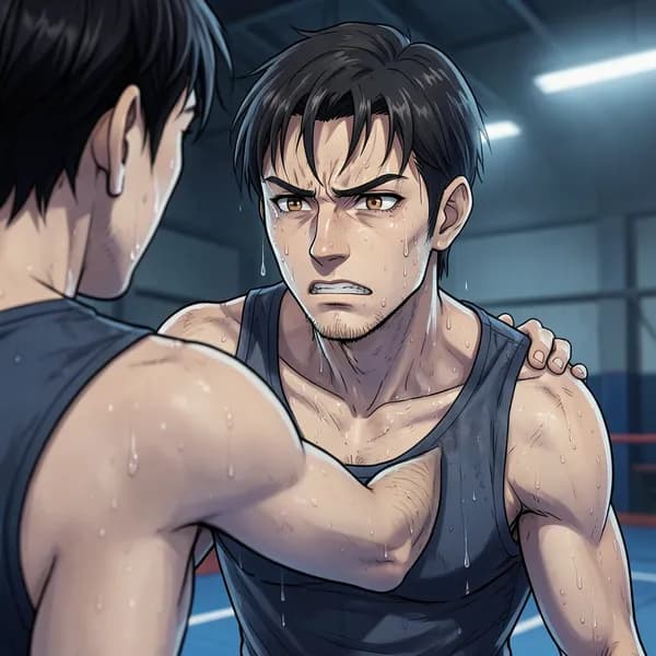 A young, exhausted wrestler clutching his injured shoulder while standing on a mat.