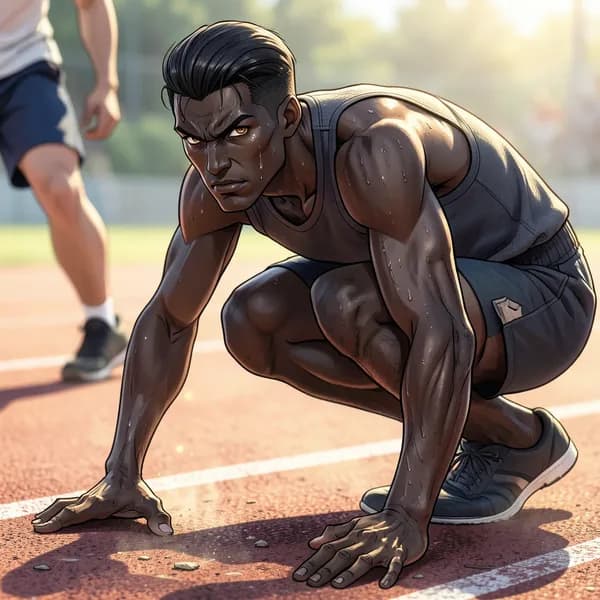 A close-up of an athlete crouched in a starting position, showing intense focus.