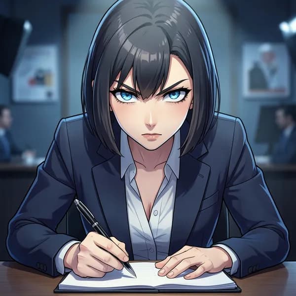 A female reporter leans forward intensely, holding a pen over a notepad, ready to strike.