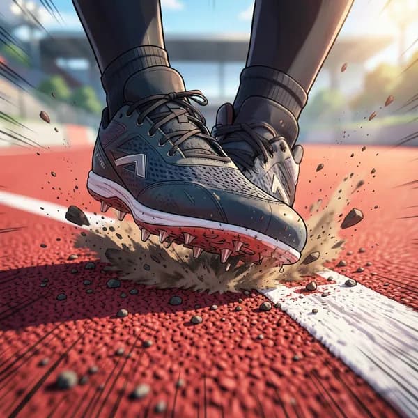 A close-up of a running shoe exploding off the starting blocks, kicking up rubber granules.
