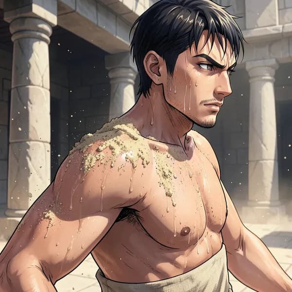 An athletic man rubbing sand onto his oiled shoulder in a sunlit training hall.