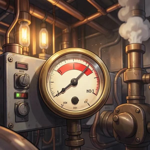 A close-up of a brass pressure gauge with the needle buried deep in the red danger zone.