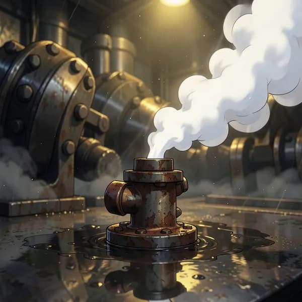 A close-up of a rusted, high-pressure steam valve leaking thick vapor onto a dark, oil-slicked iron floor.