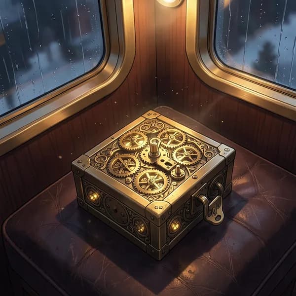 A close-up of an ornate brass lockbox with clockwork tumblers resting on a passenger's lap in a dimly lit train cabin.