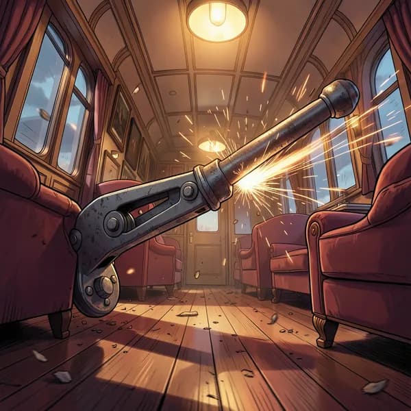 A heavy iron emergency brake lever inside a train cabin, pulled violently, with sparks flying in the dim light.