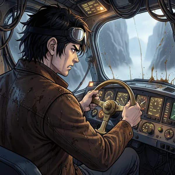 A disheveled aeronaut gripping a steering wheel with white-knuckled intensity inside a vibrating cockpit.