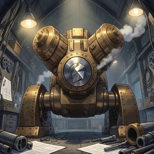 A massive, hulking brass harvester machine with a gleaming drill bit, sitting in a dimly lit workshop.