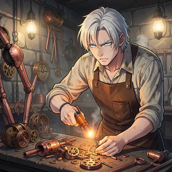 An elderly man in a leather apron hunched over a workbench, soldering a mechanical limb in a dim workshop.