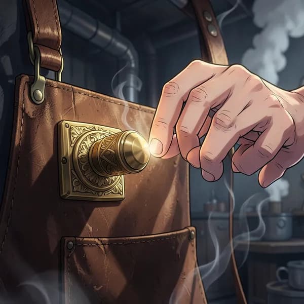 A close-up of a heavy brass master reset toggle switch on a leather apron, with fingers frozen just inches away.