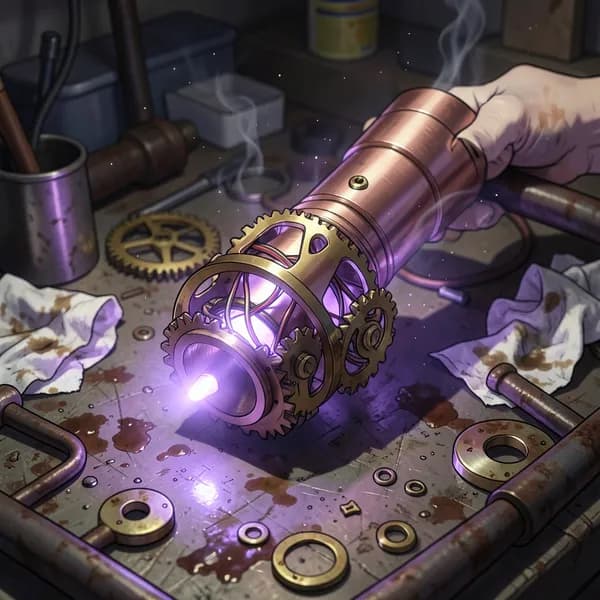 A close-up of a complex, hand-held resonance-pulse emitter glowing with unstable violet light on a cluttered workbench.
