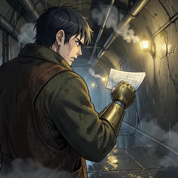 A man in a leather apron examines his brass-plated prosthetic arm in a dark, steam-filled tunnel.