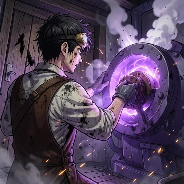 A disheveled man in a leather apron reaching for a glowing, pressurized machine valve.