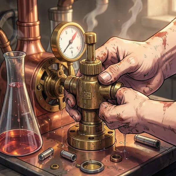 Close-up of grease-stained hands tightening a brass valve on a vibrating, steam-filled machine.