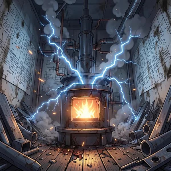 A chaotic, smoke-filled laboratory with electrical arcs jumping from a copper coil.