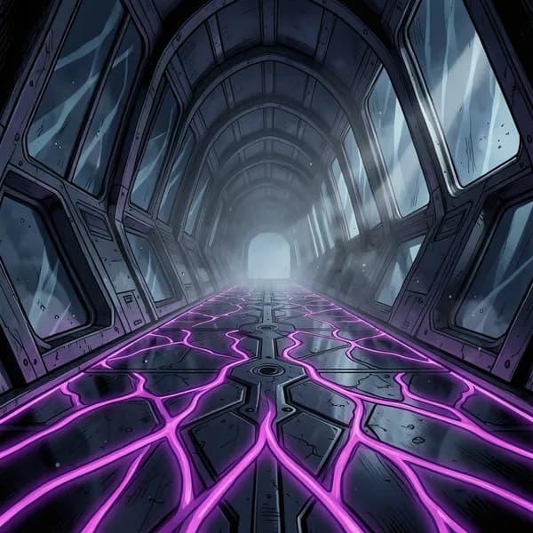 A close-up of a bio-mechanical floor plate with glowing purple veins pulsing in the dark, metallic corridor of an alien ship.