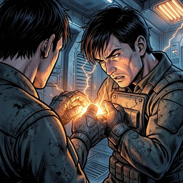 A man looking down at his flickering, industrial-grade gauntlets, which are crackling with unstable kinetic energy.