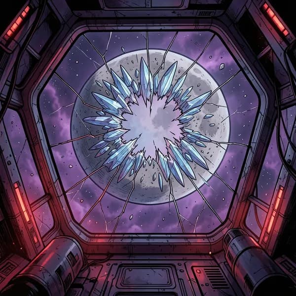 A fractured moon seen through a cracked space station window, with violet cosmic energy tearing the surface into crystalline dust.
