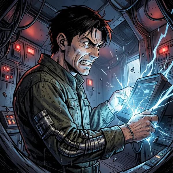 A man in a worn flight suit at a console, his hands glowing with intense blue energy as he struggles to hold the station together.