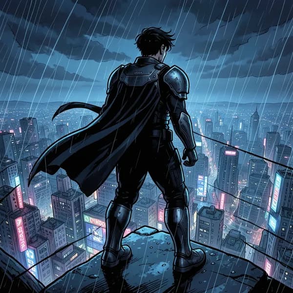 A powerful man in an armored suit stands on a skyscraper ledge overlooking a neon-lit city in the rain.