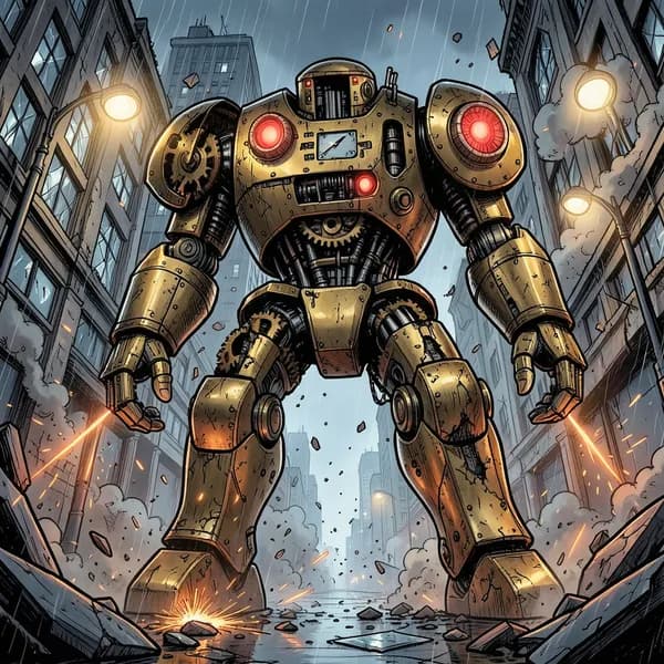 A massive brass automaton with glowing red eyes tears through a city street, causing destruction.