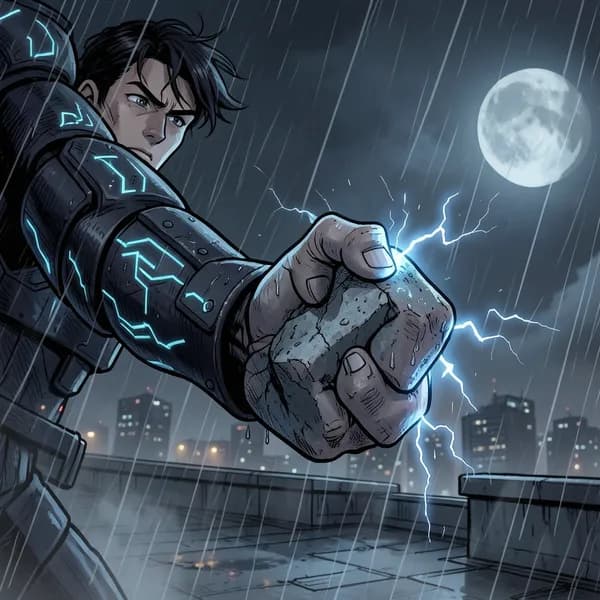 A close-up of a hero's hand gripping a stone gargoyle, with blue static electricity crackling around the fingers.