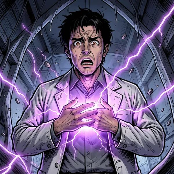 A young male lab technician in a white coat clutching his chest as violet energy arcs into him.