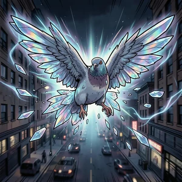 A pigeon in mid-flight is being transformed into jagged quartz by a shimmering, iridescent energy wave.