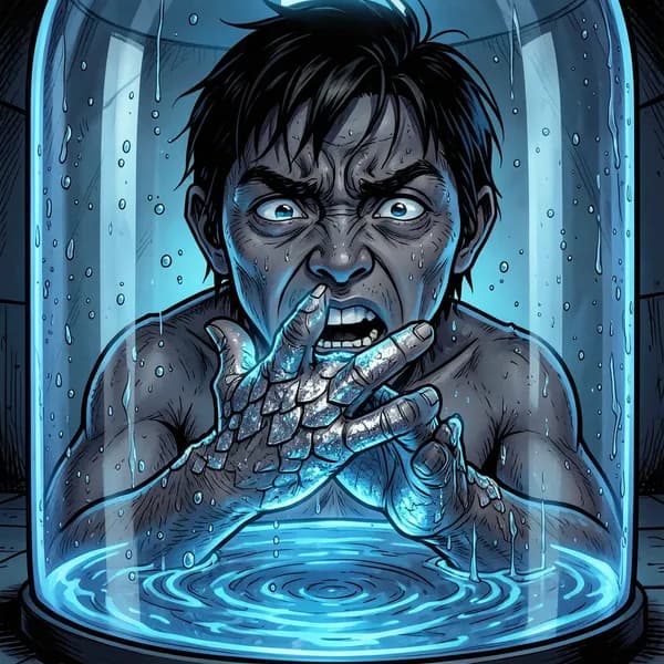 A close-up of a human hand with metallic scales pressing against reinforced glass inside a liquid-filled tank.
