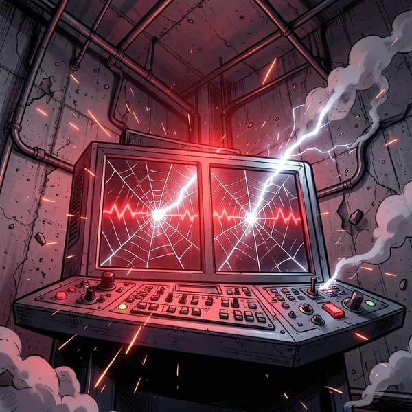A laboratory control console shattering under the pressure of an energy surge, with sparks flying everywhere.