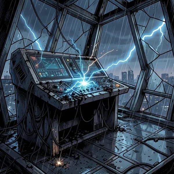 A charred, high-tech command console sparking with erratic blue electricity amidst a shattered observation deck in the rain.