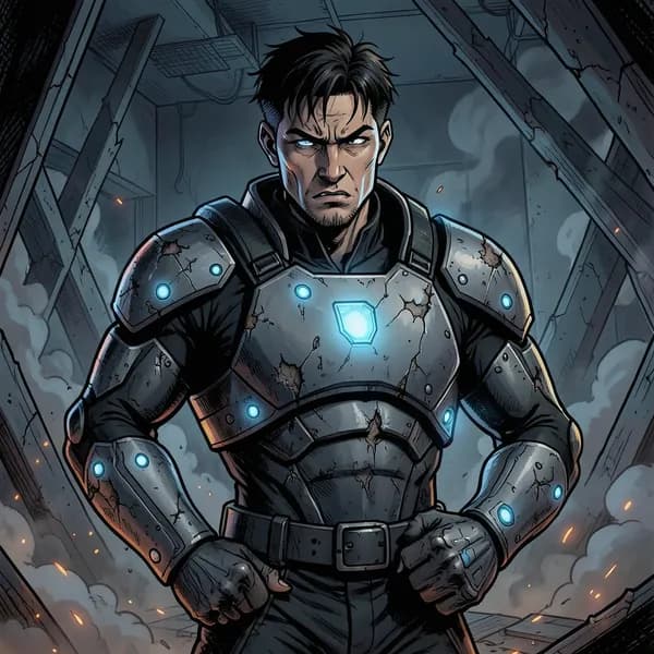 A young man in a damaged tactical suit stands defiantly, clutching his side, with a resolute expression.