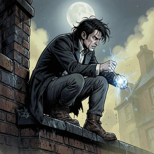 A man in a tattered 1830s frock coat crouching on a slick, rain-dampened rooftop, his muscles coiled with tension.