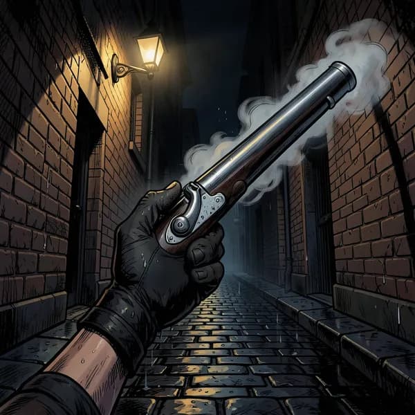 A close-up of a heavy 19th-century flintlock musket barrel being aimed upward into the dark, foggy abyss of a London alley.