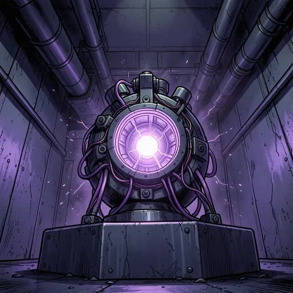 A deactivated gravity core sits on a steel pedestal in a dark, industrial sub-basement, emitting a faint, sickly violet light.