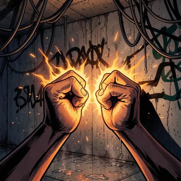 Close-up of hands glowing with volatile orange energy against a dark, damp concrete wall in a bunker.