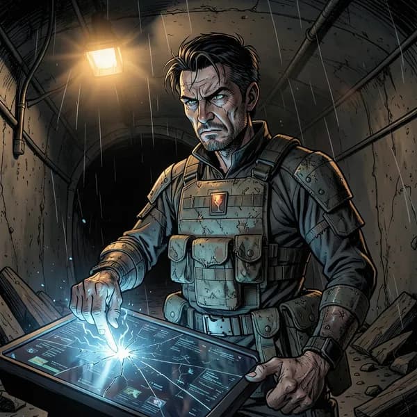 A weary man in tactical gear stands in a dark bunker, his hand glowing with decaying blue energy.